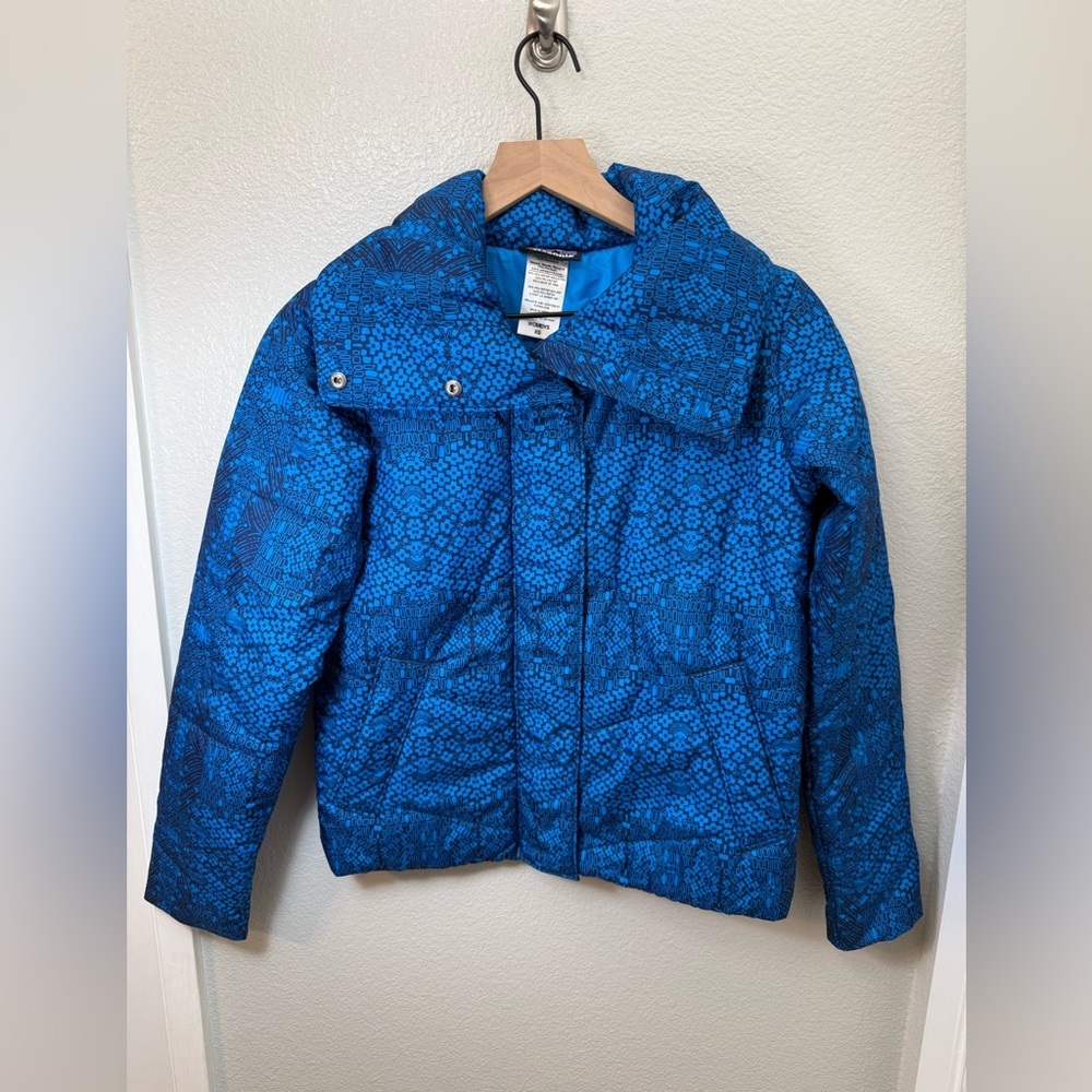 Patagonia Women's Geoharmony Puffer Parka Jacket Size XS Andes Blue Hooded